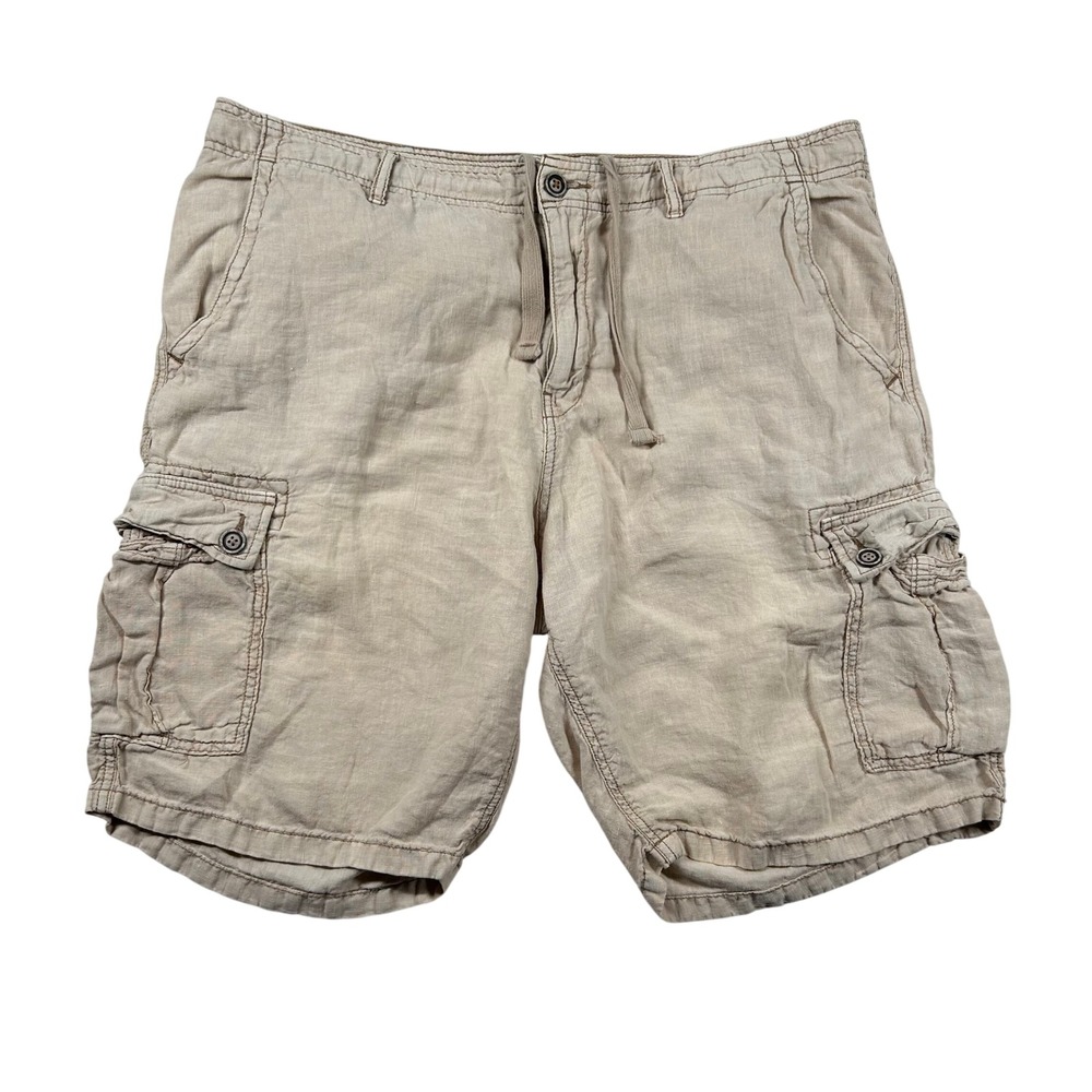 Lucky Brand Shorts Mens 38 Beige 100% Linen Cargo Drawstring Khaki Y2K Surfer